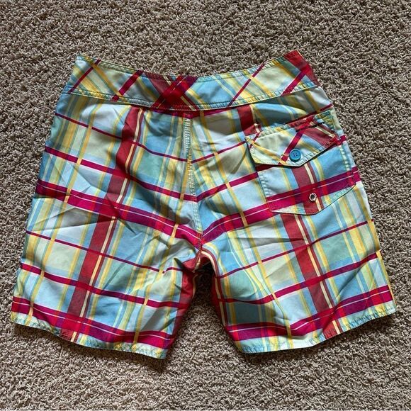 VOLCOM 32 Mens Swim BOARD SHORTS Plaid Surf Drawstring Red Blue Yellow Logo - Picture 4 of 6